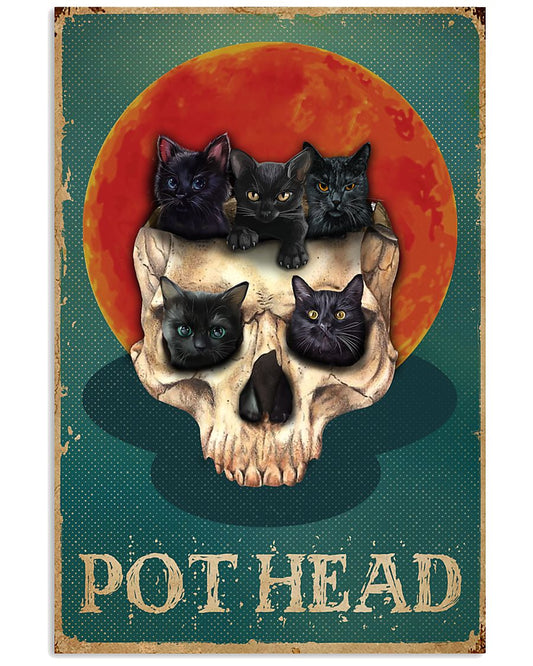 Retro Teal Red Sun Pot Head Cats And Skulls-3680