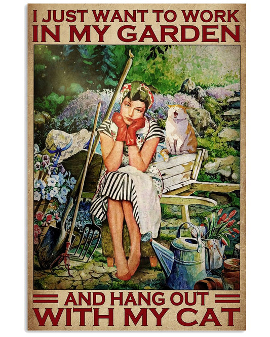 I Just Want To Work In My Garden And Hang Out With My Cat Vintage Poster - Girl Sitting In The Garden With Her Cat Prints Wall Art Poster - No Frame-3647