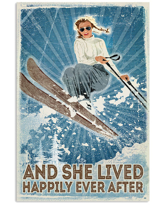 And She Lived Happily Ever After Poster - Girl Skiing Vintage Retro Art Picture - Poster For Skiing Lovers - Home Wall Decor - No Frame-8939