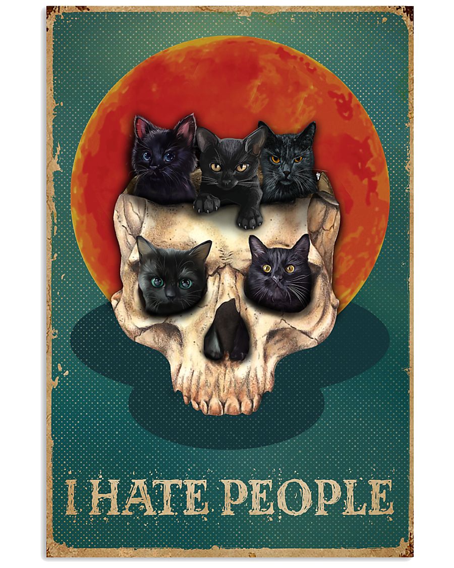 Retro Teal Red Sun I Hate People Cats And Skulls-1876