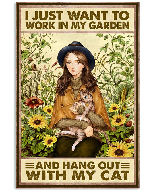 I Just Want To Work In My Garden And Hang Out With My Cat Poster - Girl Hugging Cat In Garden Vintage Retro Art Picture - Home Wall Decor - No Frame-6979