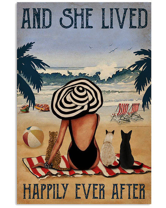 Vintage Beach Lived Happily Cats Girl-1228