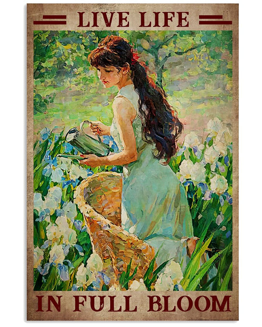 Live Life In Full Bloom Poster - Girl And Flower Garden Vintage Retro Art Picture - Home Wall Decor - No Frame Full Size 11''x17'' 16''x24'' 24''x36''-6689