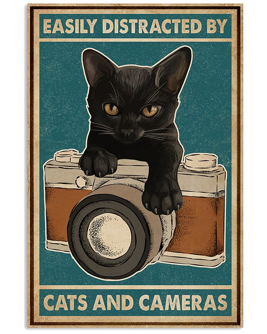 Retro Teal Easily Distracted Camera And Black Cat-8163