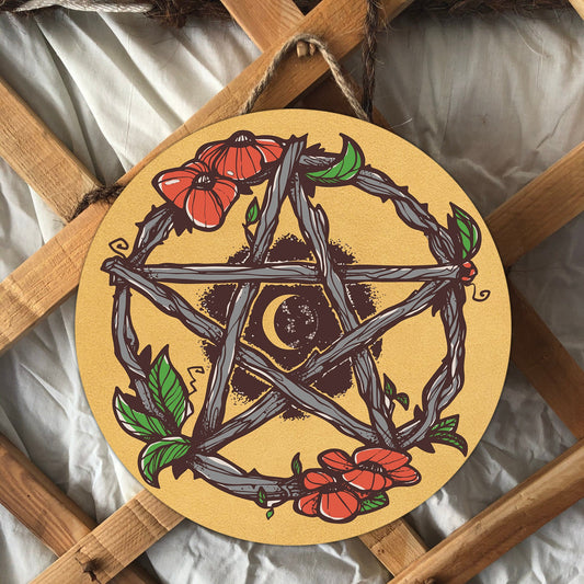 Pentacle Flowers Witch Wood Sign