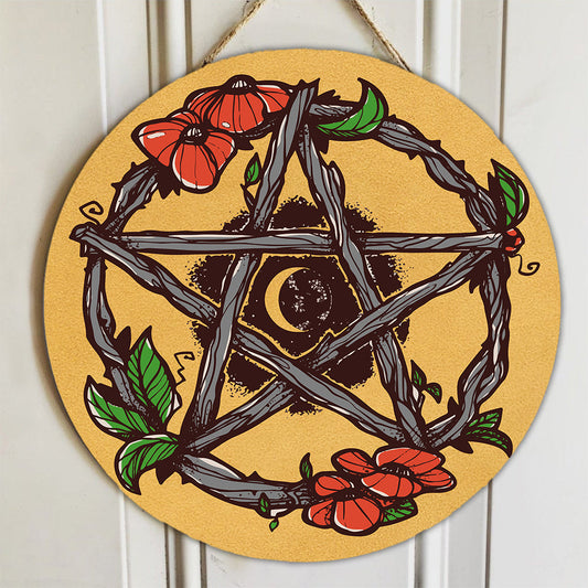 Pentacle Flowers Witch Wood Sign