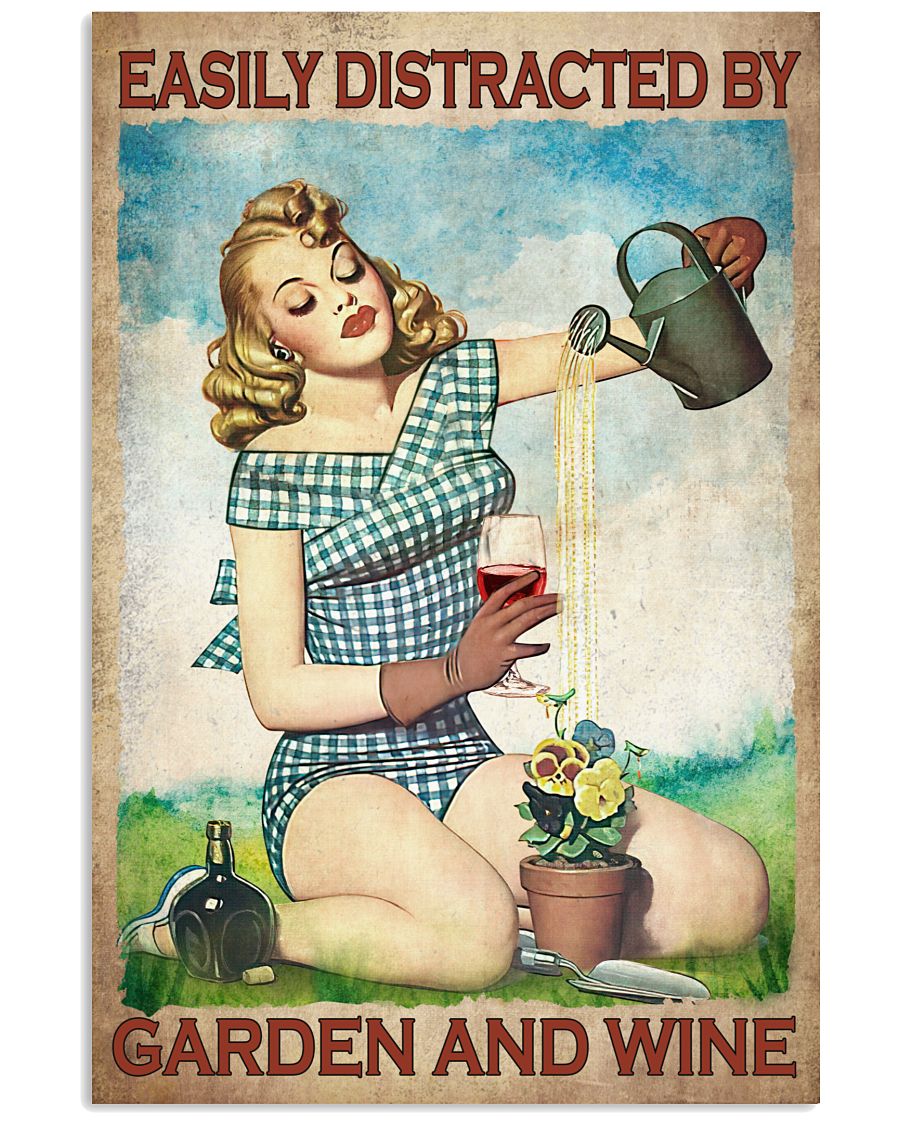 Easily Distracted By Garden And Wine Vintage Poster - Poster For Gardening And Wine Lovers - Girl Watering Flowers And Drinking Wine Prints Wall Art-3182