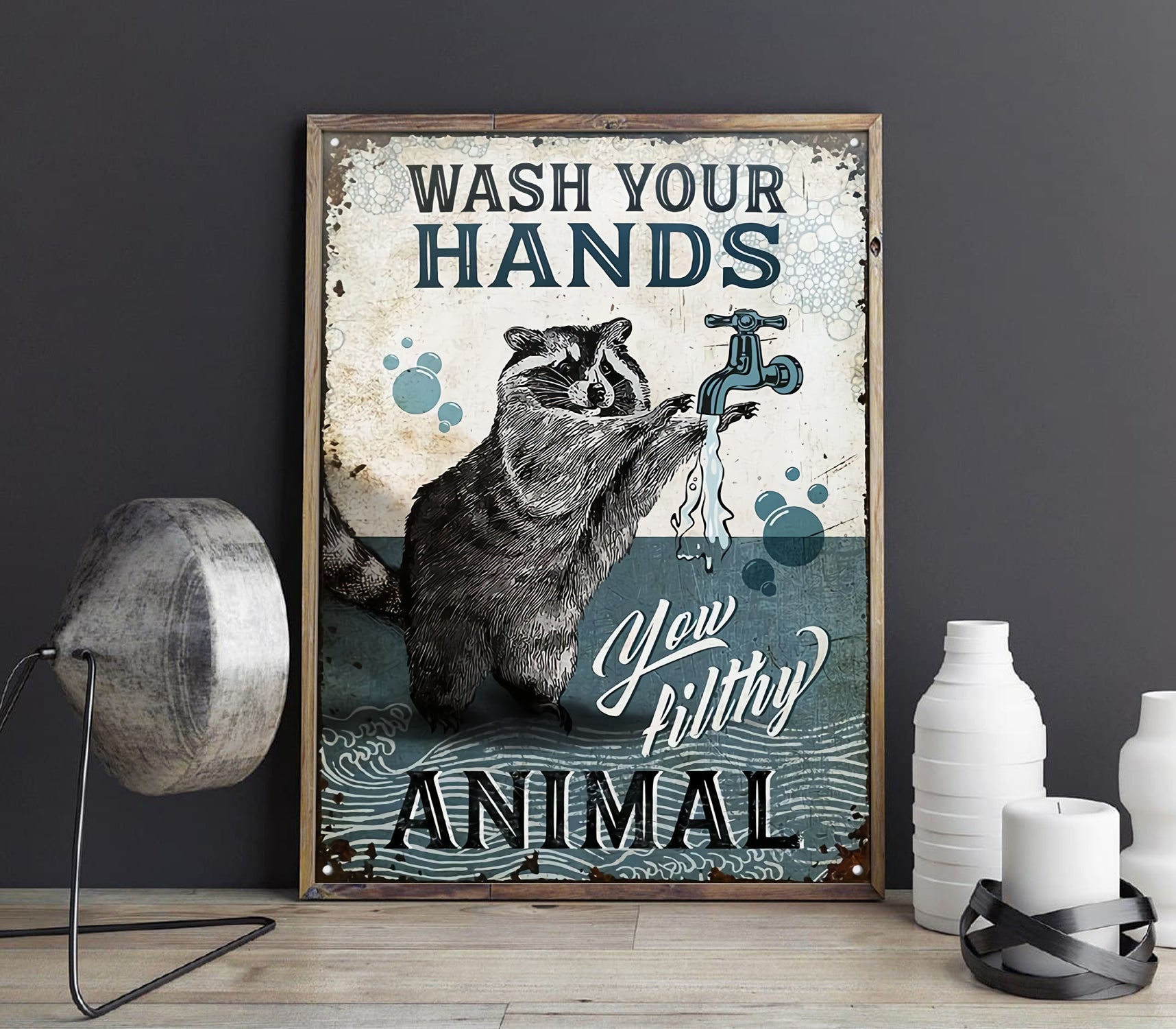 Funny Racoon Wash Your Hands Bathroom Poster