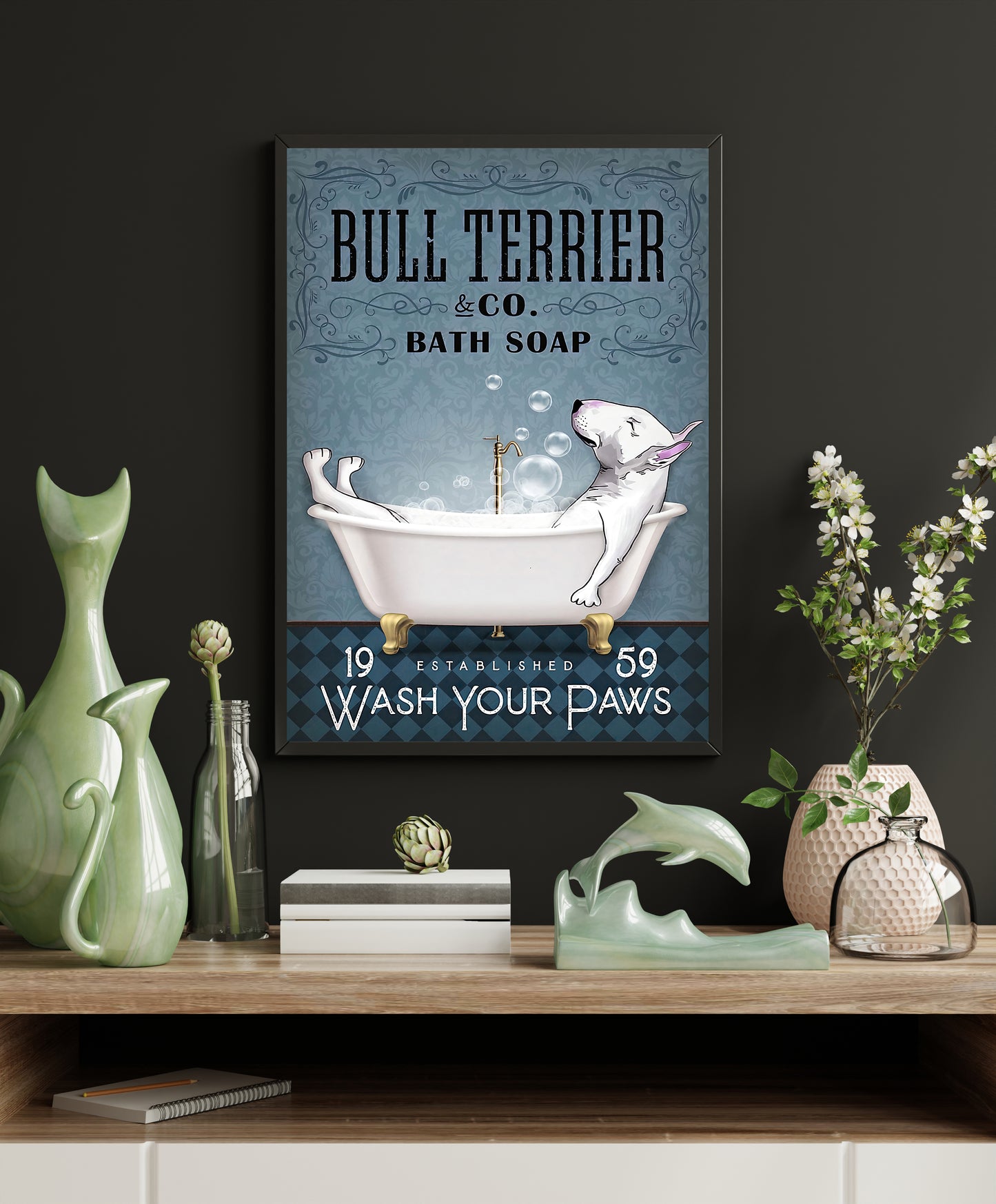 Funny Bull Terrier Bath Soap Company Bathroom Poster