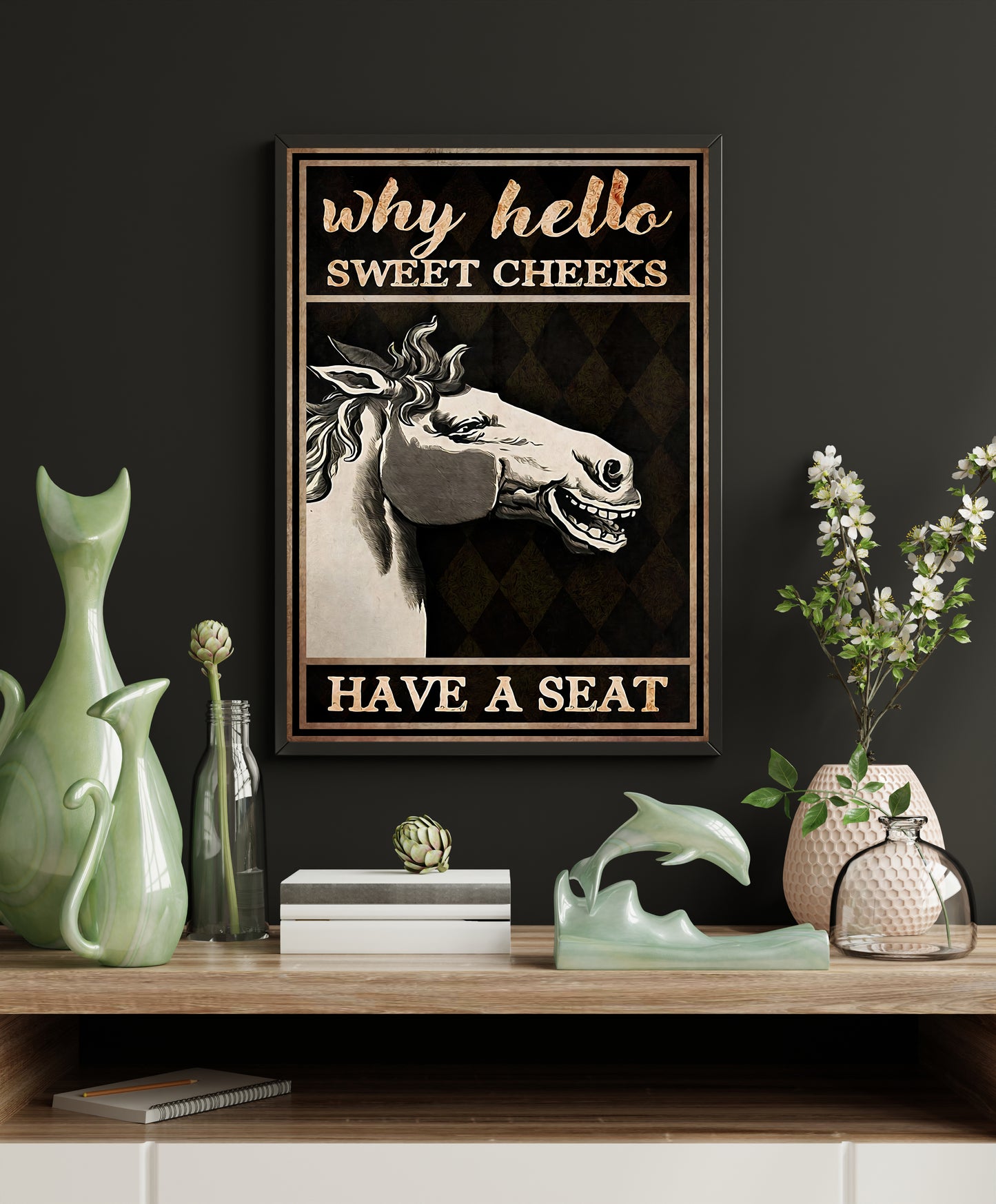 Funny Horse Why Hello Sweet Cheeks Have A Seat Bathroom Poster