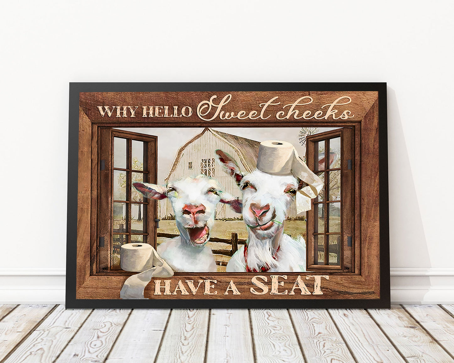 Funny Goat Why Hello Sweet Cheeks Have A Seat Bathroom Poster