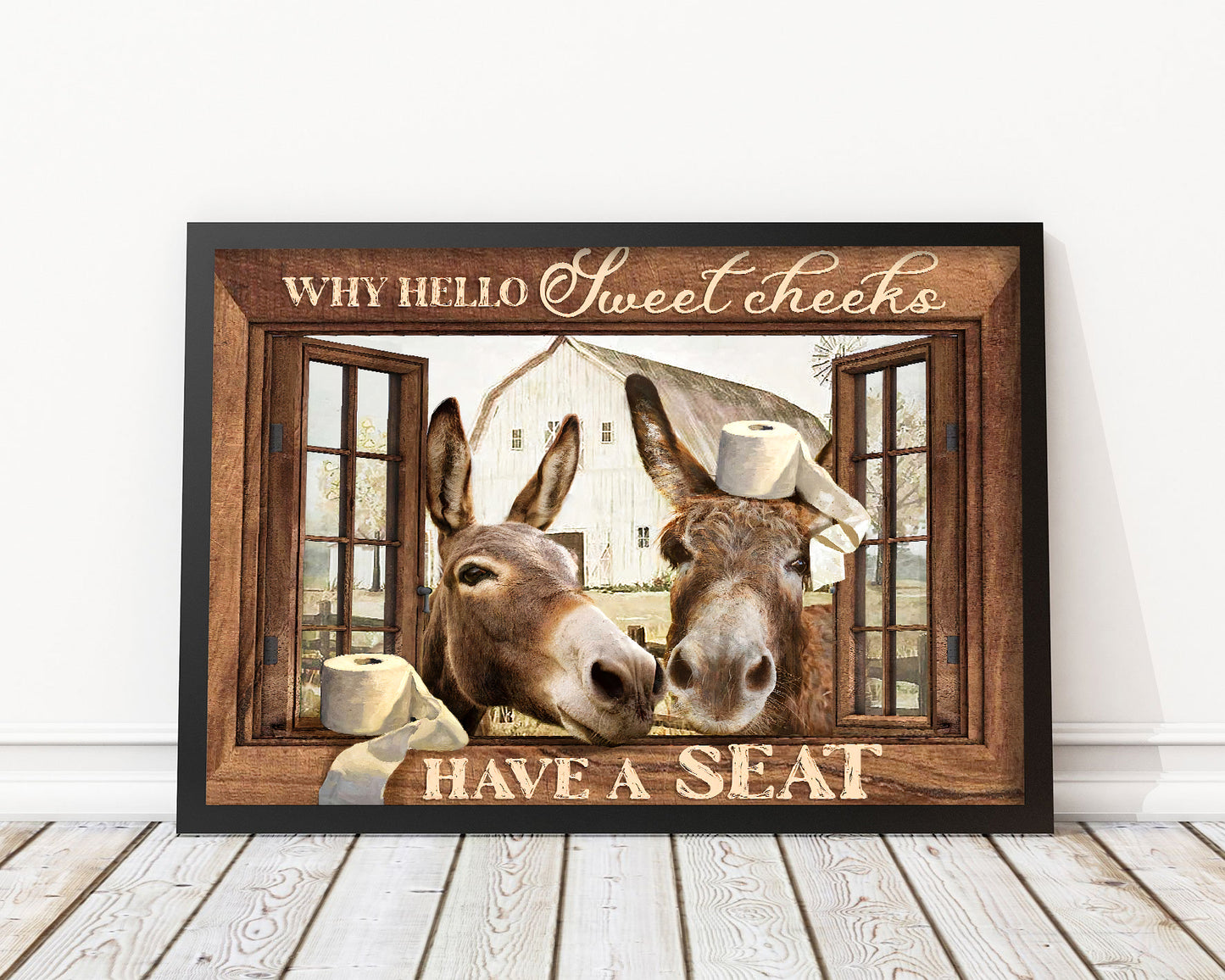 Funny Donkey Why Hello Sweet Cheeks Have A Seat Bathroom Poster