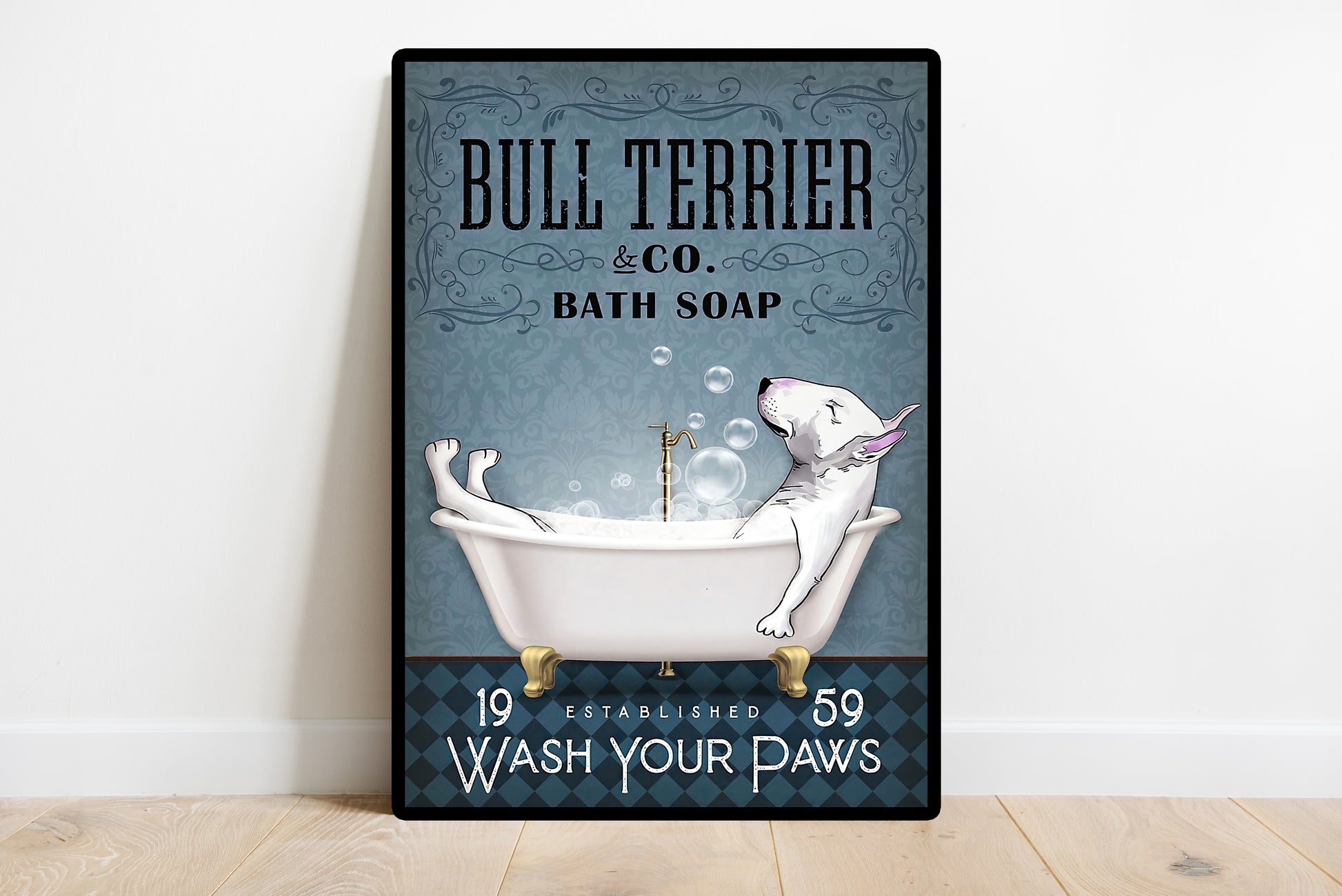 Funny Bull Terrier Bath Soap Company Bathroom Poster