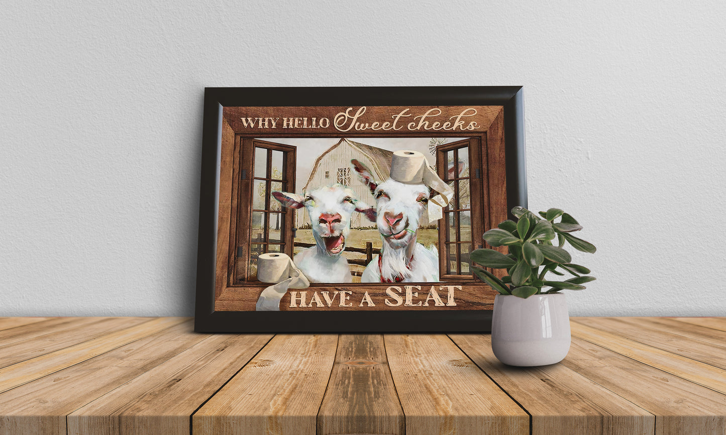 Funny Goat Why Hello Sweet Cheeks Have A Seat Bathroom Poster