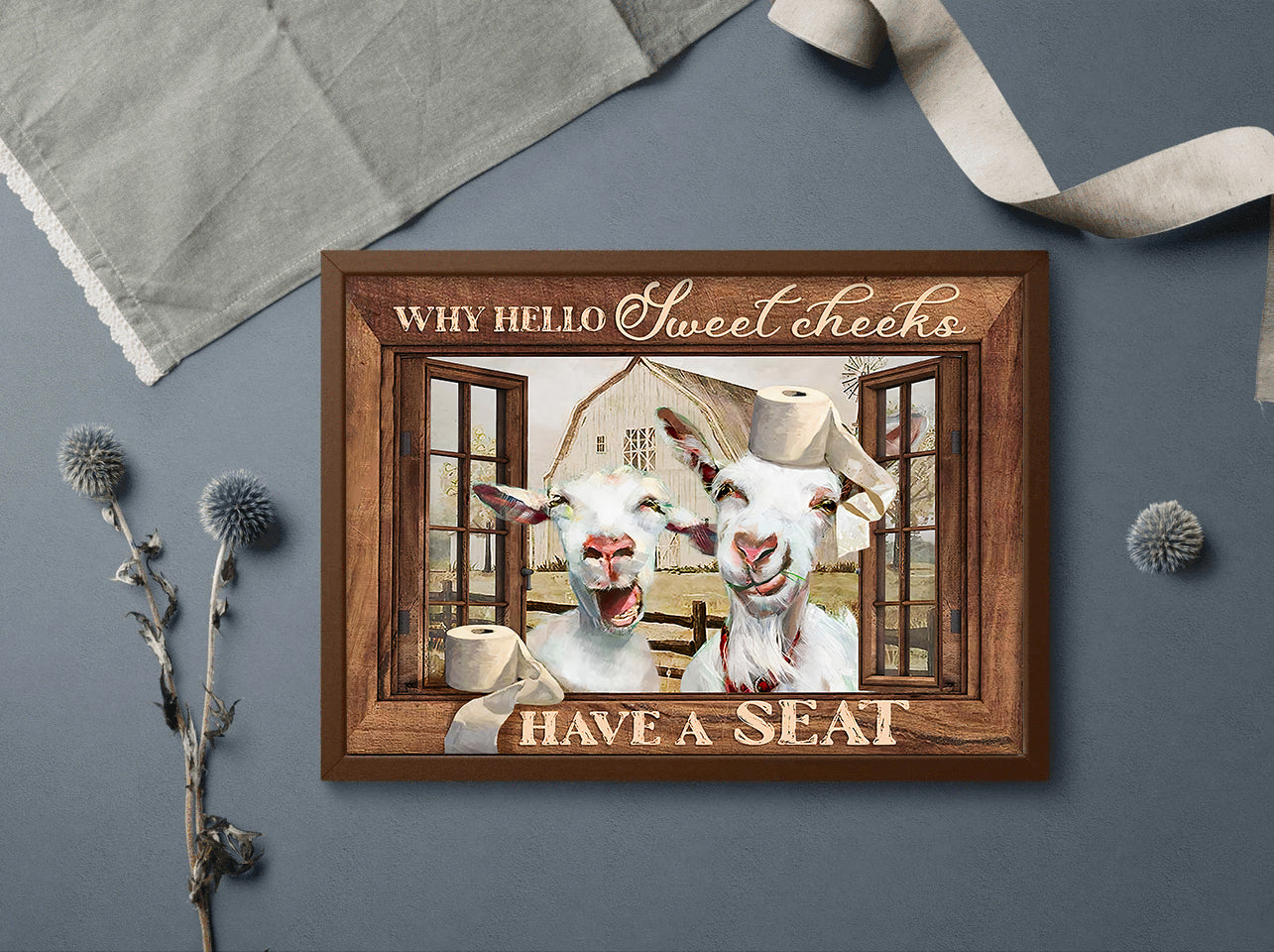 Funny Goat Why Hello Sweet Cheeks Have A Seat Bathroom Poster