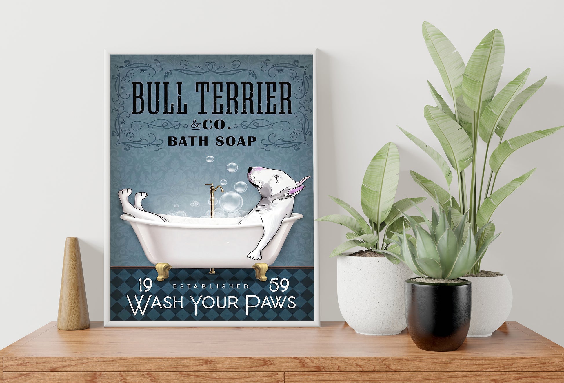 Funny Bull Terrier Bath Soap Company Bathroom Poster