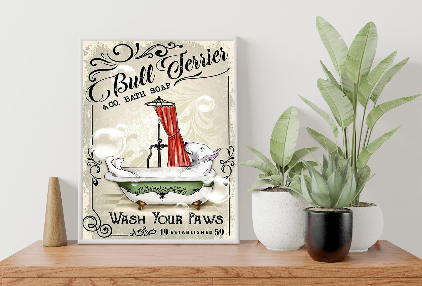 Funny Bull Terrier Bath Soap Company Bathroom Poster