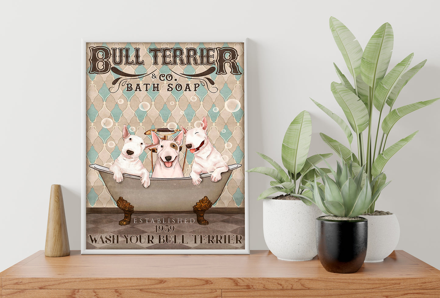 Funny Bull Terrier Bath Soap Company Bathroom Poster